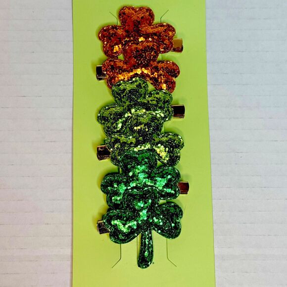 6 Glitter Green & Orange Clover Hair Clips And You Sham Rock Flag New! - Picture 2 of 7